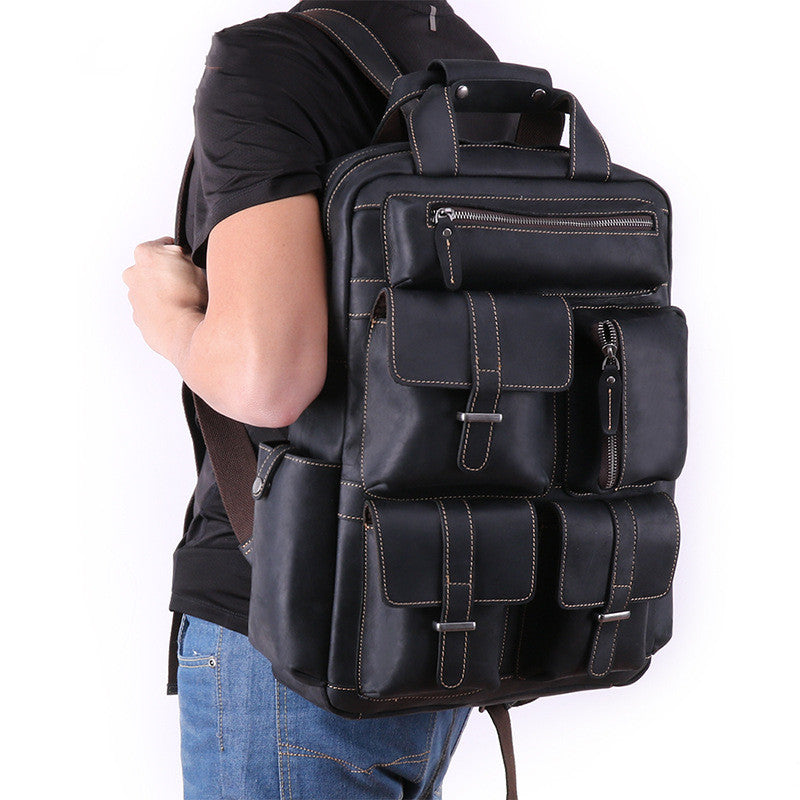 Retro leather Multi-pocket backpack - Joyscore