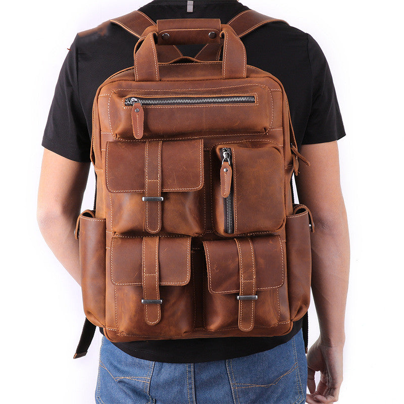 Retro leather Multi-pocket backpack - Joyscore